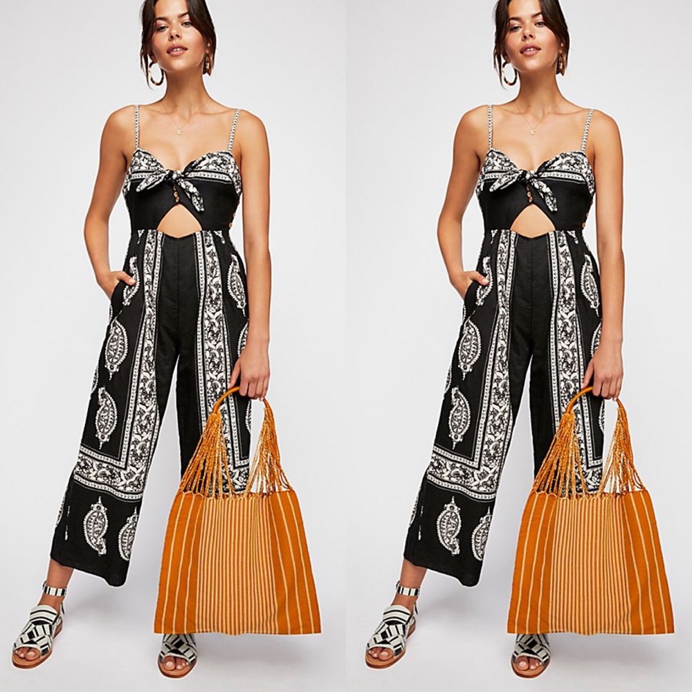 Free People Black and White Paisley Cutout Jumpsuit